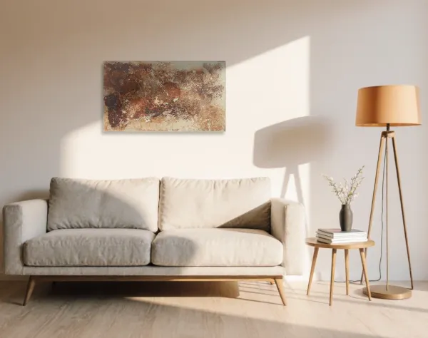 Großflächig blau bemalte Leinwand, die über einem hellen Stoffsofa hängt. In die Fläche ist die Zahl Drei mit gelber Farbe durch ein Raster gespachtelt. | mixed-art - wolfram schäfers