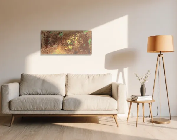 Leinwand mit aktivierter Acryloxydmischung von links und verschieden farbigen Acrylfarben. In die Fläche ist die Zahl Zwei durch ein Raster gespachtelt. Das Bild hängt in einem Raum über einem Sofa. | mixed-art - wolfram schäfers