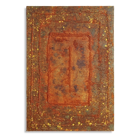 Eine mit oxidiertem Metalloxid und farbigem Kunststoff gestaltete Folie im Format 70 cm x 100 cm. Auf die mit oxidiertem Metalloxid überzogenen Fläche sind, rechteckig, flache Linien aus farbigem Kunststoff und goldfarbene Sprenkel verteilt. | mixed-art