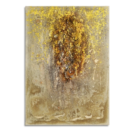 Eine mit oxidiertem Metalloxid und farbigem Kunststoff gestaltete Folie im Format 70 cm x 100 cm. Auf die mit oxidiertem Metalloxid überzogenen Fläche sind, rechteckig, flache Linien aus farbigem Kunststoff und goldfarbene Sprenkel verteilt. | mixed-art