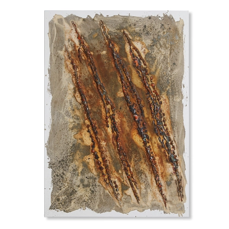 Eine mit oxidiertem Metalloxid und farbigem Kunststoff gestaltete Leinwand im Format 70 cm x 100 cm. 4 unregelmäßige Streifen zerstören die Oberfläche, wie Kratzer einer Wunde. | mixed-art