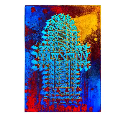 Leinwand die den Grundriss des Kölner Doms digital verfremdet und farbig eingefärbt zeigt.