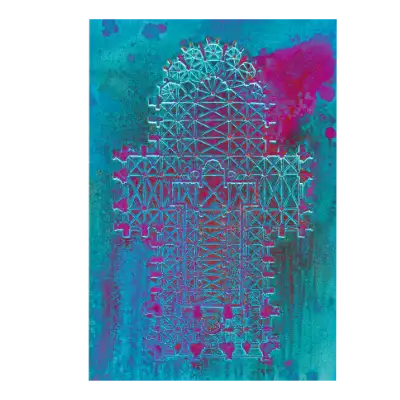 Leinwand die den Grundriss des Kölner Doms digital verfremdet und türkisviolett eingefärbt zeigt.