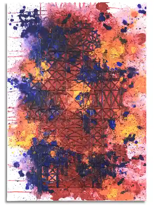 Grundriss des Kölner Doms aus farbigem Kunststoff auf Leinwand, flächenweise mit farbiger Acrylfarbe übermalt. Leinwand im Format 70 cm x 100 cm, mit Grundriss des Kölner Doms aus farbigem Kunststoff auf Leinwand, flächenweise mit farbiger Acrylfarbe übermalt.