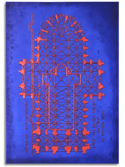 Grundriss des Kölner Doms. Mit rotem, flüssigem Kunststoff auf blauer Acrylfarbe übermalt. Durch den Komplementärkontrast leuchtet das Rot. Leinwand im Format 70 cm x 100 cm, mit Leinwand mit Grundriss des Kölner Doms. Mit rotem, flüssigem Kunststoff auf blauer Acrylfarbe übermalt. Durch den Komplementärkontrast leuchtet das Rot.