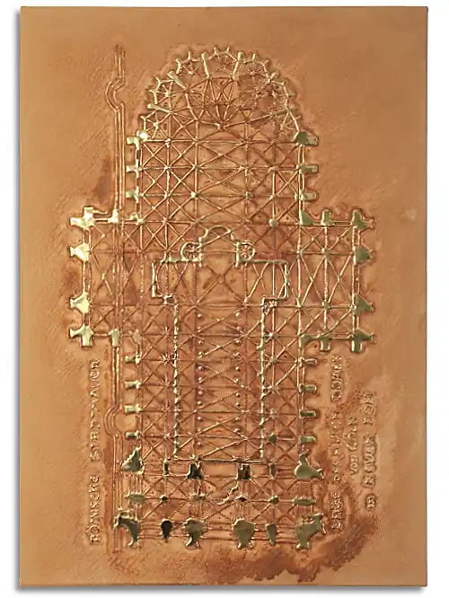 Leinwand mit Grundriss des Kölner Doms. Mit Kunststoff aufgebracht und anschließend mit Blattgold-Imitat belegt. In der Anmutung einer Ausgrabungsstätte in der Wüste. Leinwand im Format 70 cm x 100 cm, mit Grundriss des Kölner Doms. Mit Kunststoff aufgebracht und anschließend mit Blattgold-Imitat belegt. In der Anmutung einer Ausgrabungsstätte in der Wüste.