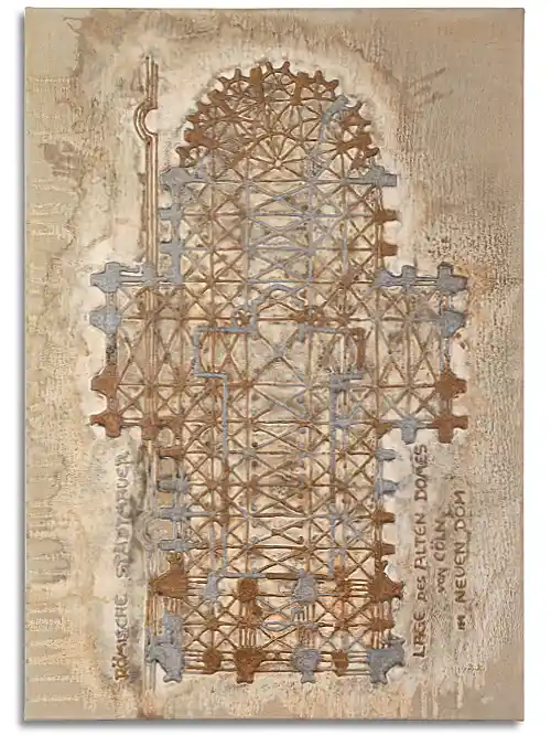 Grundriss des Kölner Doms mit goldenem und silbernem Kunststoff in ein erdfarbenes, leicht oxidiertes Umfeld auf Leinwand gemalt.Grundriss des Kölner Doms mit goldenem und silbernem Kunststoff in ein erdfarbenes, leicht oxidiertes Umfeld auf Leinwand gemalt. Leinwand im Format 70 cm x 100 cm, mit Grundriss des Kölner Doms mit goldenem und silbernem Kunststoff in ein erdfarbenes, leicht oxidiertes Umfeld auf Leinwand gemalt.