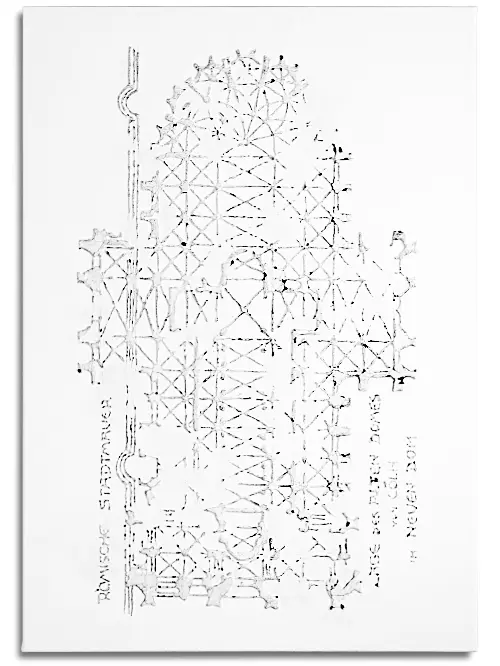 Grundriss des Kölner Doms mit schwarzem, flüssigem Kunststoff auf Leinwand und mit weißer Acrylfarbe übermalt. Anmutung zerreißender Oberfläche durch die der dunkle Untergrund hervorbrechen möchte. Leinwand im Format 70 cm x 100 cm, mit Grundriss des Kölner Doms mit schwarzem, flüssigem Kunststoff auf Leinwand und mit weißer Acrylfarbe übermalt. Anmutung zerreißender Oberfläche durch die der dunkle Untergrund hervorbricht.