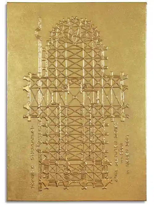 Grundriss des Kölner Doms. Mit Kunststoff gemalt und mit Blattgold-Imitat überzogen. Die abschließende Lackierung verdeckt den Goldglanz unter leichter Narbung. Leinwand im Format 70 cm x 100 cm, mit Grundriss des Kölner Doms. Mit Kunststoff gemalt und mit Blattgold-Imitat überzogen. Die abschließende Lackierung verdeckt den Goldglanz unter leichter Narbung.