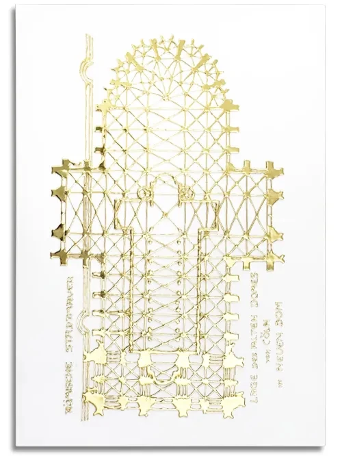 Leinwand mit Grundriss des Kölner Doms. Mit flüssigem Kunststoff aufgebracht und anschließend mit Blattgold-Imitat belegt. Leinwand im Format 70 cm x 100 cm, mit Grundriss des Kölner Doms. Mit flüssigem Kunststoff aufgebracht und anschließend mit Blattgold-Imitat belegt.
