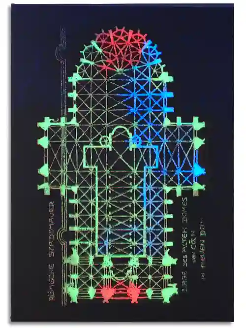 Grundriss des Kölner Doms aus Neon-Kunststoff auf schwarzer Leinwand, bei Tageslicht zartfarbig, im Dunkeln leuchtend. Leinwand im Format 70 cm x 100 cm, mit Grundriss des Kölner Doms aus Neon-Kunststoff auf schwarzer Leinwand, bei Tageslicht zartfarbig, im Dunkeln leuchtend.