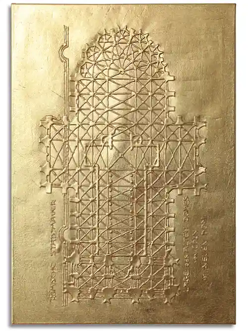 Erhabener Grundriss des Kölner Doms auf Leinwand, komplett unter Blattgold-Imitat versteckt. Leinwand im Format 70 cm x 100 cm, mit erhabenem Grundriss des Kölner Doms auf Leinwand, komplett unter Blattgold-Imitat versteckt.