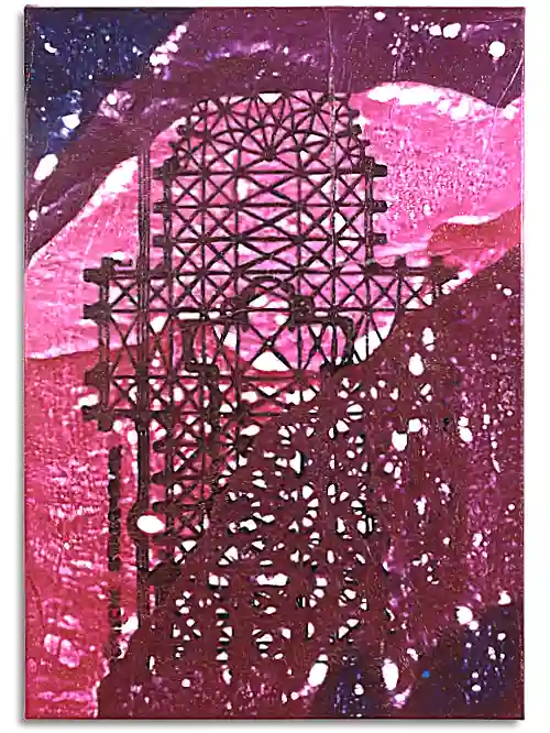 Leinwand mit Grundriss des Kölner Doms. Mit schwarzem, flüssigem Kunststoff aufgebracht und in Anspielung auf die Kirche anschließend mit purpurfarbiger Folie überzogen. Leinwand im Format 70 cm x 100 cm, mit Grundriss des Kölner Doms. Mit schwarzem, flüssigem Kunststoff aufgebracht und in Anspielung auf die Kirche anschließend mit purpurfarbiger Folie überzogen.