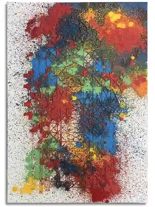 Leinwand mit Grundriss des Kölner Doms. Mit farbigem Kunststoff aufgebracht und anschließend mit farbige Acrylfarbe übermalt und überspritzt. Landkarten Anmutung vor farbigem Sternenhimmel. Leinwand im Format 70 cm x 100 cm, mit Grundriss des Kölner Doms. Mit farbigem Kunststoff aufgebracht und anschließend mit farbige Acrylfarbe übermalt und überspritzt. Landkarten Anmutung vor farbigem Sternenhimmel.