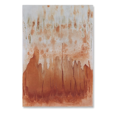 Abstraktes Bild auf einer 55 x 80 cm großen Leinwand. Transparente, leicht fließende Oxidmischung auf einem hellen Untergund, erzeugt die Anmutung einer Wüstenlandschaft mit Gebirge. Von dem zeitgenössischen Künstler Wolfram Schäfers. | mixed-art