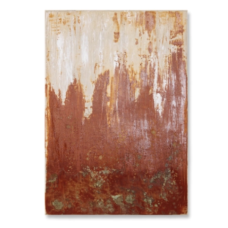 Abstraktes Bild auf einer 55 x 80 cm großen Leinwand. Durch die dynamisch mit einem Spachtel aufgezogene teilweise oxidierten Oxydmischung, die von Unten nach Oben in eine helle Fläche übergeht, entsteht die Anmutung einer Waldlandschaft bei Einbruch der Dämmerung. Von dem zeitgenössischen Künstler Wolfram Schäfers. | mixed-art