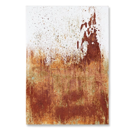 Abstraktes Bild auf einer 55 x 80 cm großen Leinwand. Durch den dynamischen und gesprenkelten Auftrag einer teilweise oxidierten Oxydmischung, die von Unten nach Oben in eine helle Fläche übergeht, entsteht die Anmutung eines Vulkanausbruchs. Von dem zeitgenössischen Künstler Wolfram Schäfers. | mixed-art