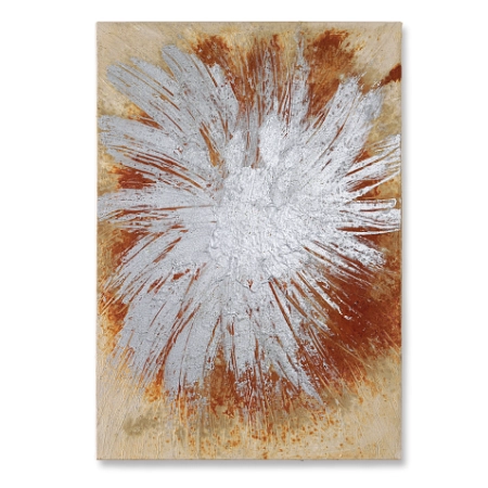 Abstraktes Bild auf einer 55 x 80 cm großen Leinwand. Auf einer verrosteten Oxydmischung, lässt strahlenförmig aufgezogener Silberlack eine heftige Bewegung, ähnlich einer Explosion, entstehen. Von dem zeitgenössischen Künstler Wolfram Schäfers. | mixed-art