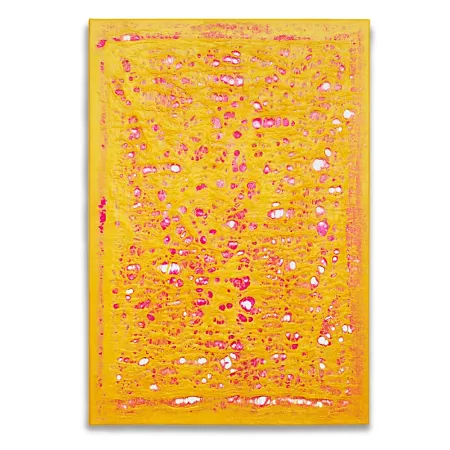 Violette und gelbe Kunststofffolien auf einer Leinwand im Format 55 cm x 80 cm. Die Folienoberfläche ist durchzogen von Löchern auf die weiße Leinwand, die dem Bild eine Zellenähnliche Struktur geben. | wolfram schäfers