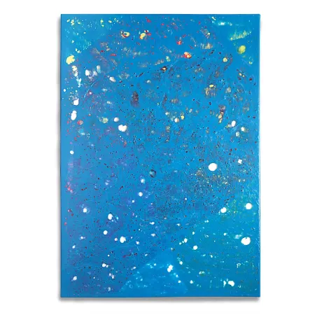 Farbige Kunststofffolien auf einer Leinwand im Format 70 cm x 100 cm. Die Folienoberflächen sind durchzogen von Störungen, neben Löchern durch die die weiße Leinwand zu sehen ist. Die bildbestimmende blaue Farbe lässt an einen Blick in den Himmel erinnern. | wolfram schäfers