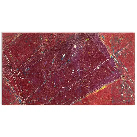 Farbige Kunststofffolien auf einer weißen Leinwand im Format 145 cm x 80 cm. Die Folienüberspannung hat Löcher und Linien entstehen lassen, die dadurch entstandene abstrakte Struktur hat die Anmutung eines Wegenetzes auf der Erdoberfläche. | wolfram schäfers