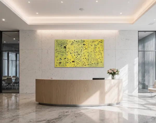 Bild aus gelber und schwarzer Kunststofffolie mit Löchern, durch die das Gold auf der Leinwand sichtbar ist. Stellenweise linienartig zusammengezogene Folienstreifen geben dem Bild eine abstrakte Struktur. Das Bild hängt über einem Tresen in einer Empfangshalle. | wolfram schäfers