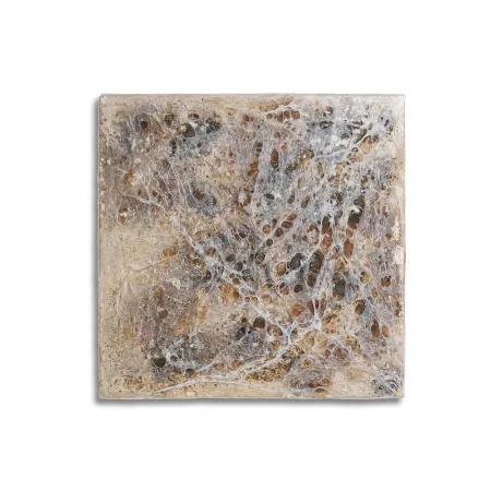 Kunststofffolien und Acryloxyd-Mischung auf einer Leinwand im Format 50 cm x 50 cm. Die überstreckte, bzw. sich überlagernde Folie enthält unförmige Löcher und Folienstreifen. Durch die teilweise stark oxidierte, untermalte Oxydmischung wird die sichtbare Folienstruktur gestört und es entsteht die Anmutung einer Vergößerung von Zellen. | wolfram schäfers