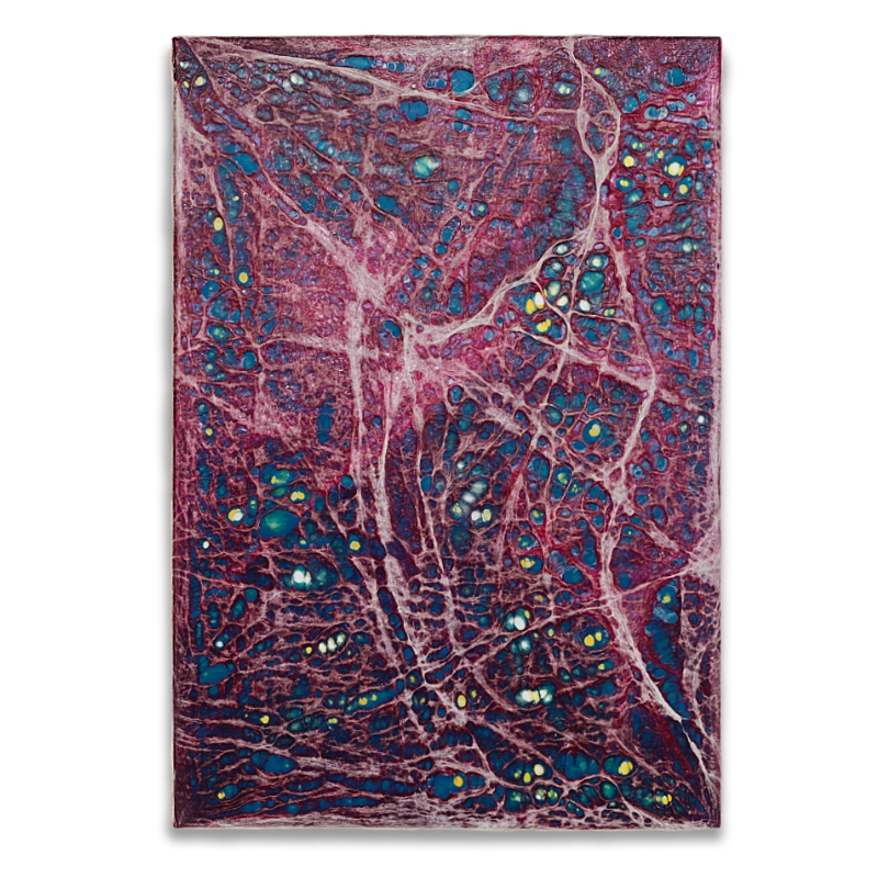 Eine mit blauen, gelben und violetten Folien, gestaltete Leinwand im Format 55 cm x 80 cm. Die geschmolzenen Folien haben die Anmutung eines neuronalen Netzwerkes oder Zellen mit farbigen Einschlüssen. | mixed-art