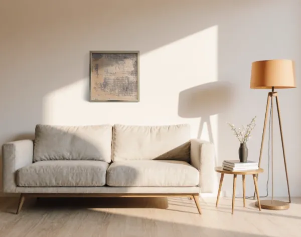 Leinwand mit aktivierter Acryloxydmischung von links und verschieden farbigen Acrylfarben. In die Fläche ist die Zahl Zwei durch ein Raster gespachtelt. Das Bild hängt in einem Raum über einem Sofa. | mixed-art - wolfram schäfers