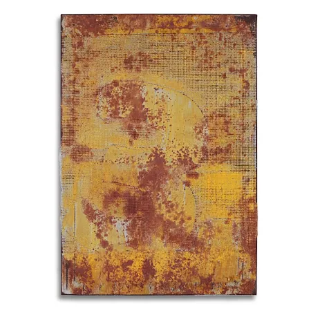 Leinwand im Format 55 x 80 cm mit aktivierter Acryloxydmischung und gelblicher Acrylfarbe in verschiedenen Tönungen. In die Fläche ist die Zahl Drei durch ein Raster gespachtelt. | mixed-art - wolfram schäfers