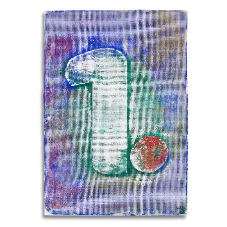 Leinwand im Format 55 x 80 cm mit einer nicht aktivierten Acryloxydmischung und Acrylfarbe in verschiedenen Farben. In die Fläche ist die Zahl Eins durch ein Raster gespachtelt. | mixed-art - wolfram schäfers