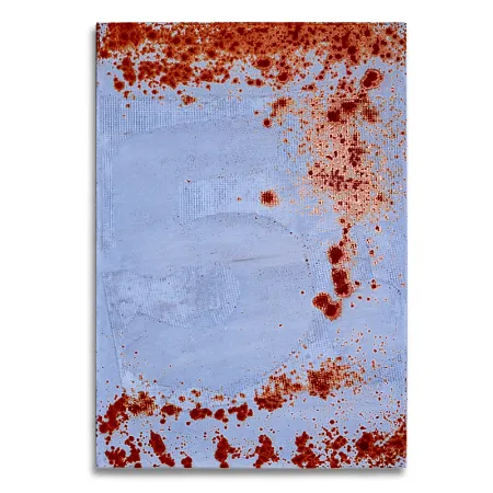 Leinwand im Format 55 x 80 cm mit aktivierter Acryloxydmischung und hellblauer Acrylfarbe. In die Fläche ist die Zahl Fünf durch ein Raster gespachtelt. | mixed-art - wolfram schäfers