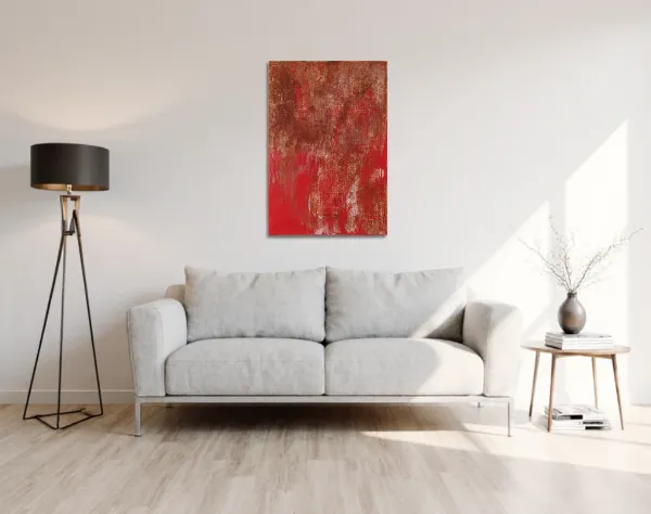 Leinwand mit aktivierter Acryloxydmischung und roter sowie weißer Acrylfarbe, das über einem Sofa in einem Wohnraum hängt. In die Fläche ist die Zahl Sieben durch ein Raster gespachtelt. | mixed-art - wolfram schäfers