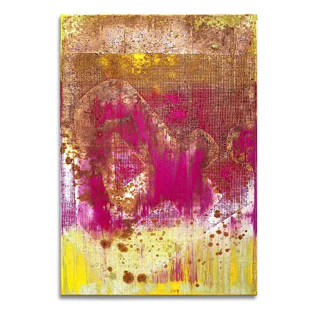 Leinwand im Format 55 x 80 cm mit aktivierter Acryloxydmischung im oberen Bildteil und violetter sowie gelber Acrylfarbe im unteren Bildteil. In die Fläche ist die Zahl Vier durch ein Raster gespachtelt. | mixed-art - wolfram schäfers