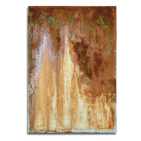 Abstrakte Ansicht des Kölner Doms auf einer 55 x 80 cm großen Leinwand. Gefertigt aus einer Acryl-, Oxydmischung, teilweise oxidiert und mit einem Raster aufgebracht. Interpretation 3 – von dem zeitgenössischen Künstler Wolfram Schäfers. | mixed-art