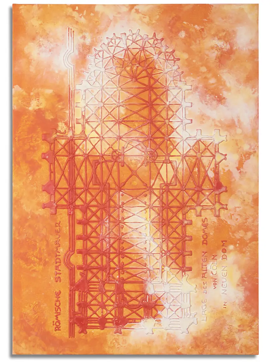 Die Architektur scheint sich in Licht und Energie aufzulösen. Dom-Grundriss in leuchtendem Orange und Rot vor dynamischem, feurig wirkendem Hintergrund.