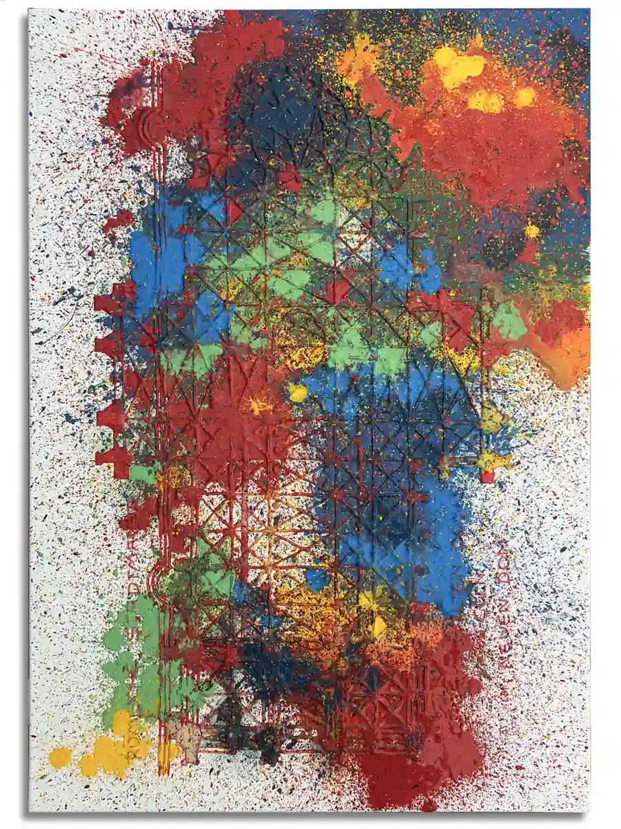 Spontane Farbbewegungen überlagern die strenge Geometrie des Doms. Farbintensiver Dom-Grundriss mit roten, blauen, gelben und grünen Farbspritzern auf heller Leinwand.