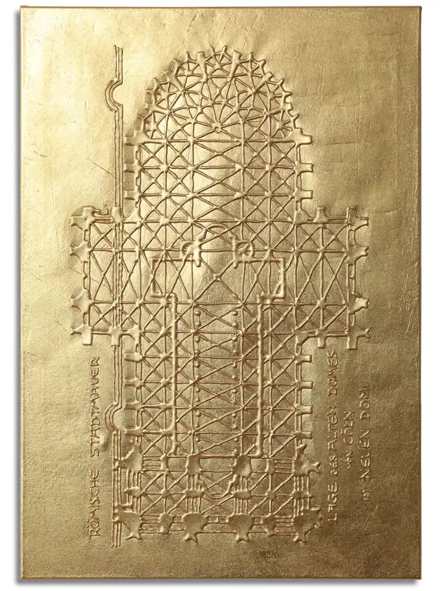 Gold überdeckt und offenbart zugleich die architektonische Struktur des Doms. Vergoldeter Dom-Grundriss auf strukturierter Leinwand mit partiell verdeckten Flächen und reliefartiger Oberfläche.