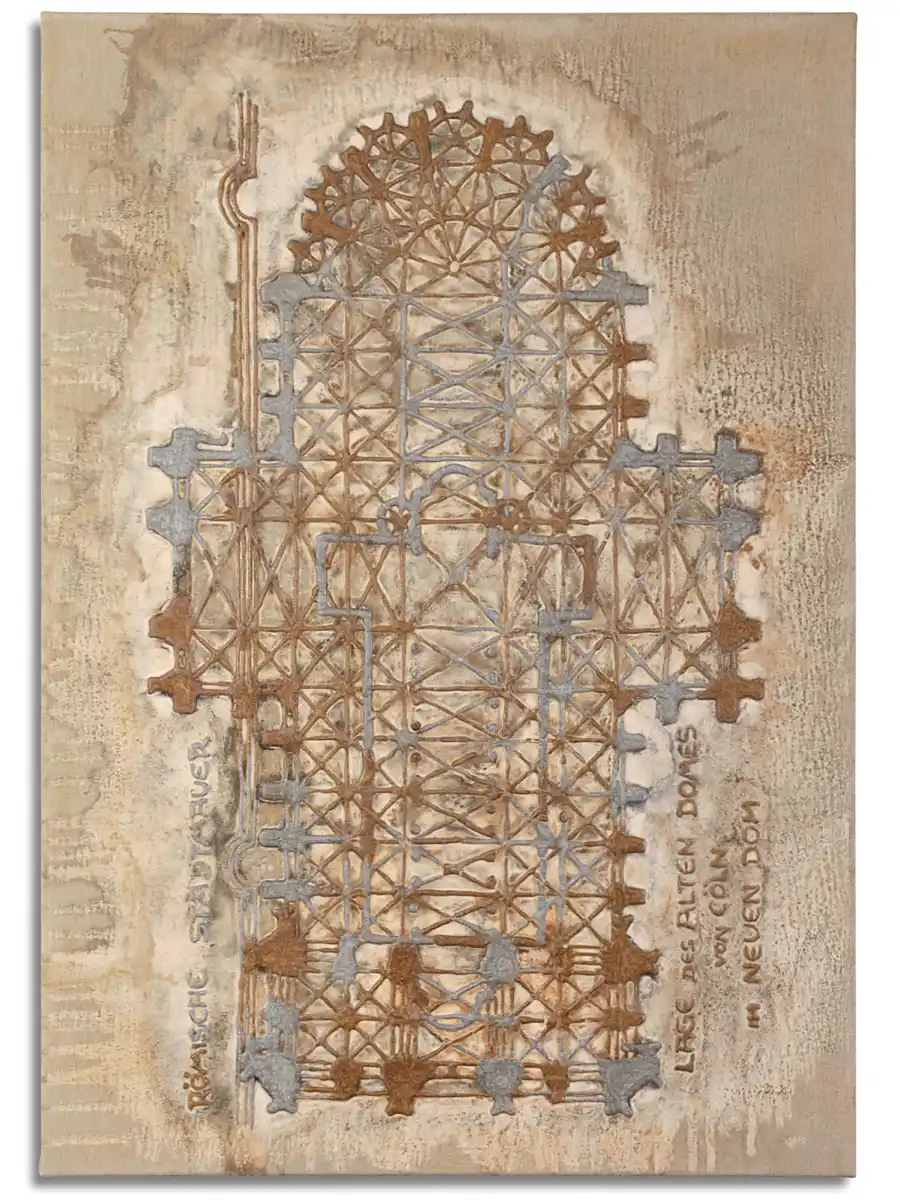 Wie bei einer Ausgrabung treten verborgene Schichten der Architektur hervor. Dom-Grundriss in Erd- und Rostfarben mit goldenen und silbernen Akzenten auf strukturierter Oberfläche.