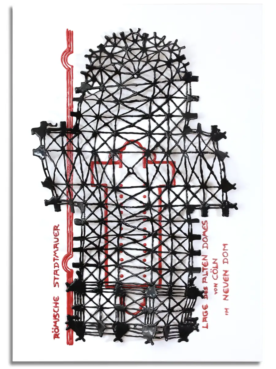 Die Architektur löst sich vom Bildträger und tritt in den Raum. Schwebender schwarzer Dom-Grundriss als mehrschichtige Reliefstruktur über heller Leinwand.