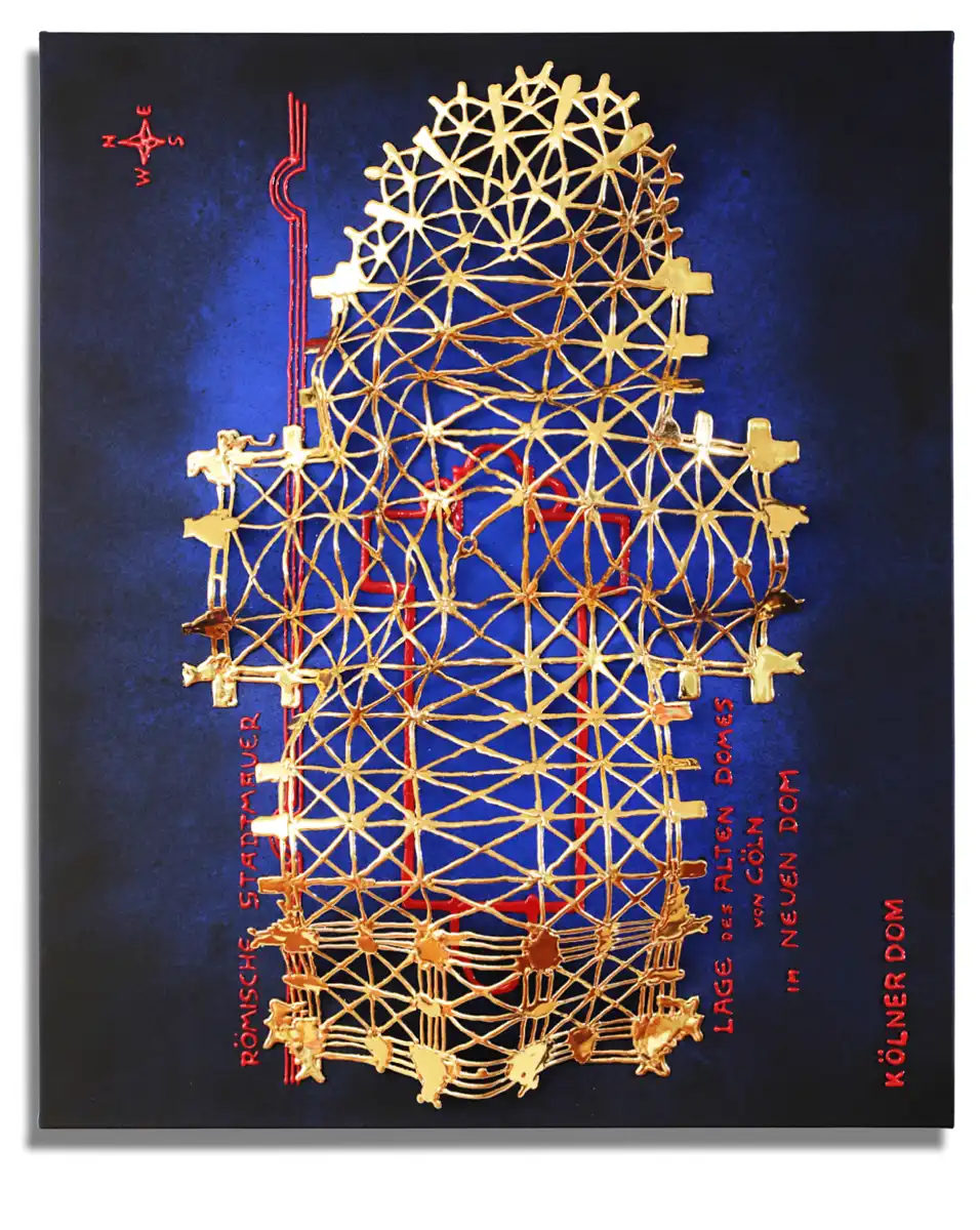 Vergangenheit, Gegenwart und Vision überlagern sich in einer mehrschichtigen Architektur. Goldener Dom-Grundriss als schwebendes Relief vor blauem Hintergrund mit roter Vorzeichnung.
