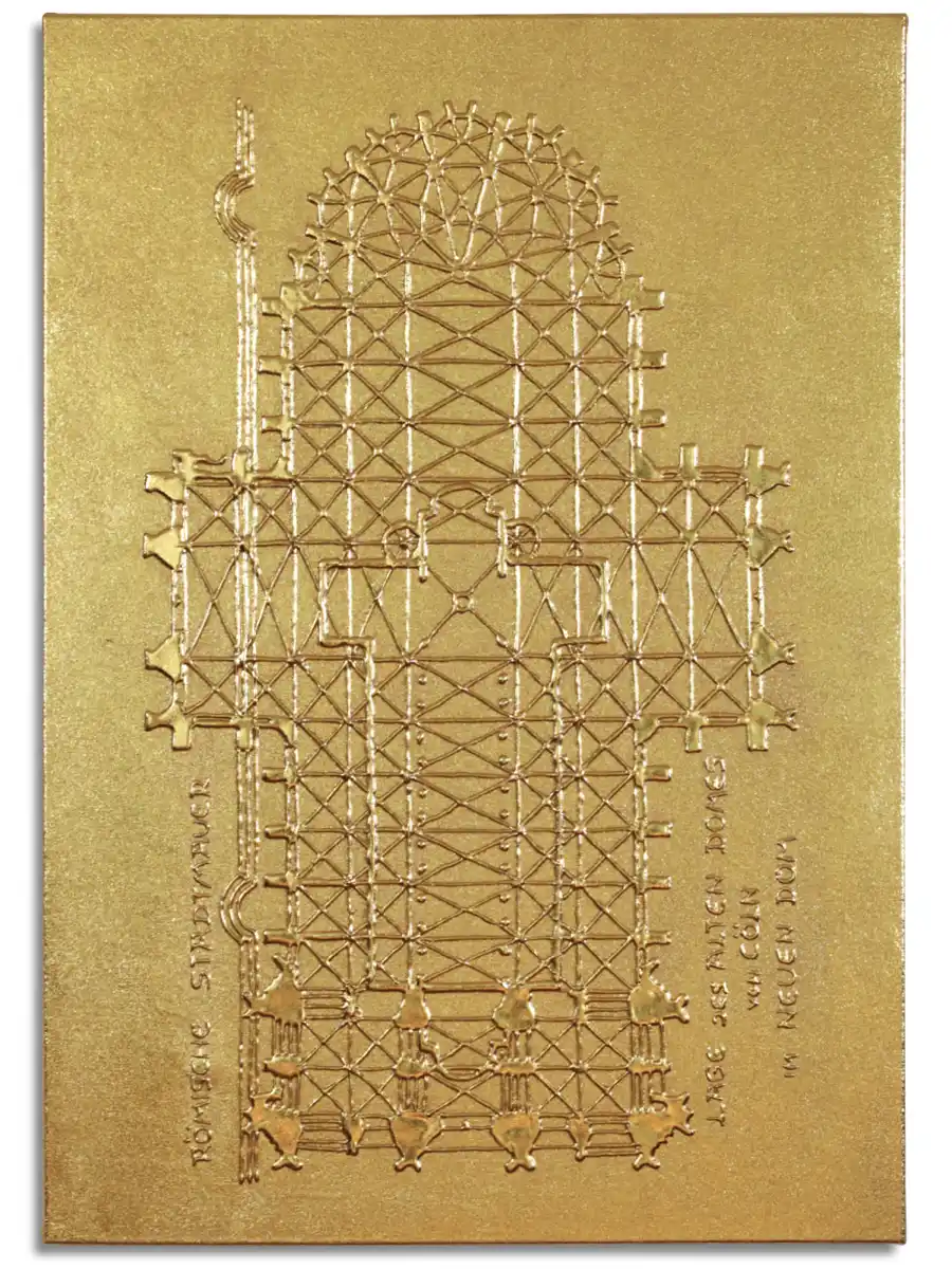 Architektur und Gold verschmelzen zu einer nahezu monochromen Erscheinung. Kölner Dom-Grundriss als feines Relief aus Blattgold auf vollständig vergoldetem Hintergrund.