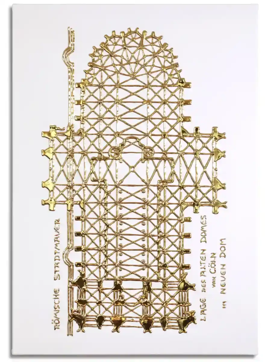 Die Linien des Doms werden zur reinen Zeichnung aus Licht und Gold. Filigraner Dom-Grundriss aus goldenen Linien auf weißem Hintergrund, reduziert auf seine architektonische Grundstruktur.