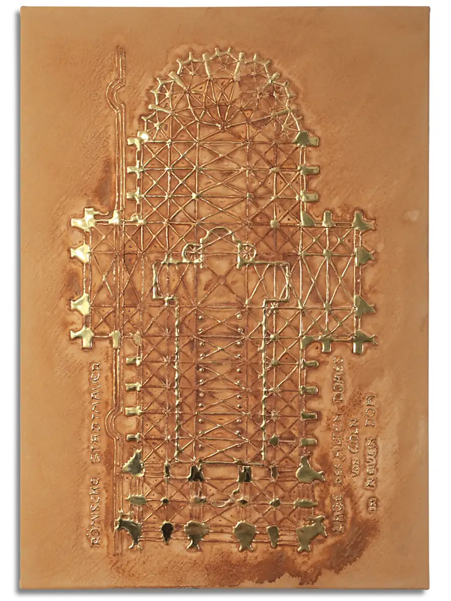 Goldene Architektur trifft auf die Patina industrieller Materialien. Dom-Grundriss aus goldfarbenen Linien auf braun oxidierter Oberfläche mit Anmutung von Cortenstahl.