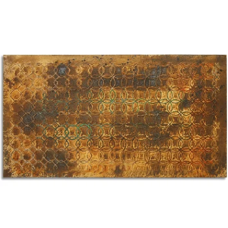 Eine mit einem regelmäßigen Muster aus Kunststoff, das mit einer dunkelbraunen Oxydmischung übermalt ist, gestaltete Leinwand.