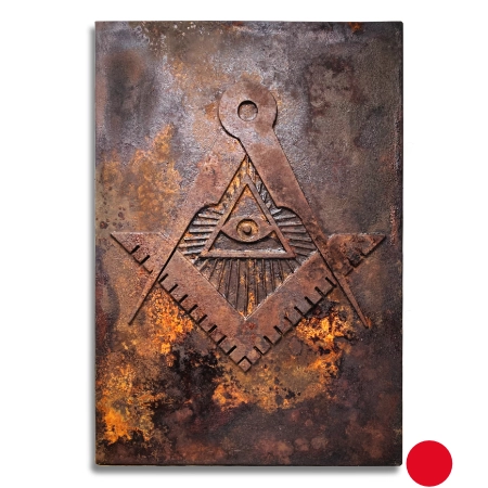 Eine mit Metalloxyd gestaltete Leinwand im Format 55 cm x 80 cm. Stark verrostet wirkt die Leinwand, auf die ein Freimaurersymbol aufgebracht ist, wie eine alte Wappentafel aus verrottetem Metall.