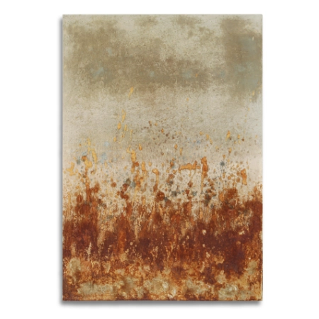 Abstraktes Bild auf einer 55 x 80 cm großen Leinwand. Durch den dynamischen Auftrag einer teilweise oxidierten, rostbraunen Oxydmischung im unteren Bereich und der darüber liegenden dunklen Fläche, entsteht die Anmutung einer herbstlichen Landschaft. Von dem zeitgenössischen Künstler Wolfram Schäfers. | mixed-art