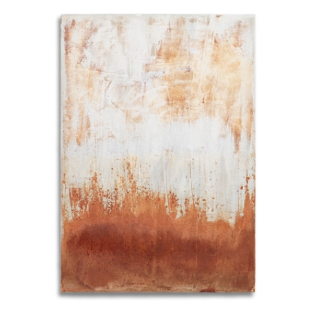 Abstraktes Bild auf einer 55 x 80 cm großen Leinwand. Durch den zarten Auftrag einer teilweise oxidierten, beigebraunen Oxydmischung und der darüber liegenden helleren Fläche, entsteht die Anmutung einer herbstlichen Landschaft. Von dem zeitgenössischen Künstler Wolfram Schäfers. | mixed-art