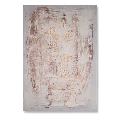 Abstraktes Farbbild auf einer 55 x 80 cm großen Leinwand. Auf hellem Grund aus Acrylfarbe zeigt sich verwischte oxidierte Oxidmischung, mit einer Struktur die sich innerhalb der Leinwandgrenze bewegt. Von dem zeitgenössischen Künstler Wolfram Schäfers. | mixed-art