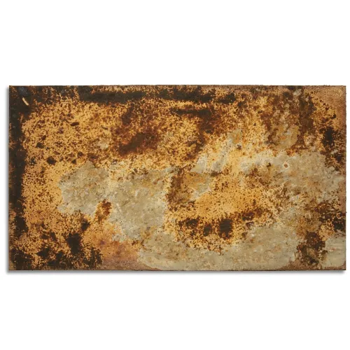 Abstraktes Bild auf einer 145 x 80 cm großen Leinwand. Gefertigt aus einer unterschiedlich stark oxidierten Acryl-, Oxydmischung und verschiedenen Applikationen, erscheint es wie eine Landschaft in einer Satellitenaufnahme. zeitgenössischen Künstler Wolfram Schäfers. | mixed-art